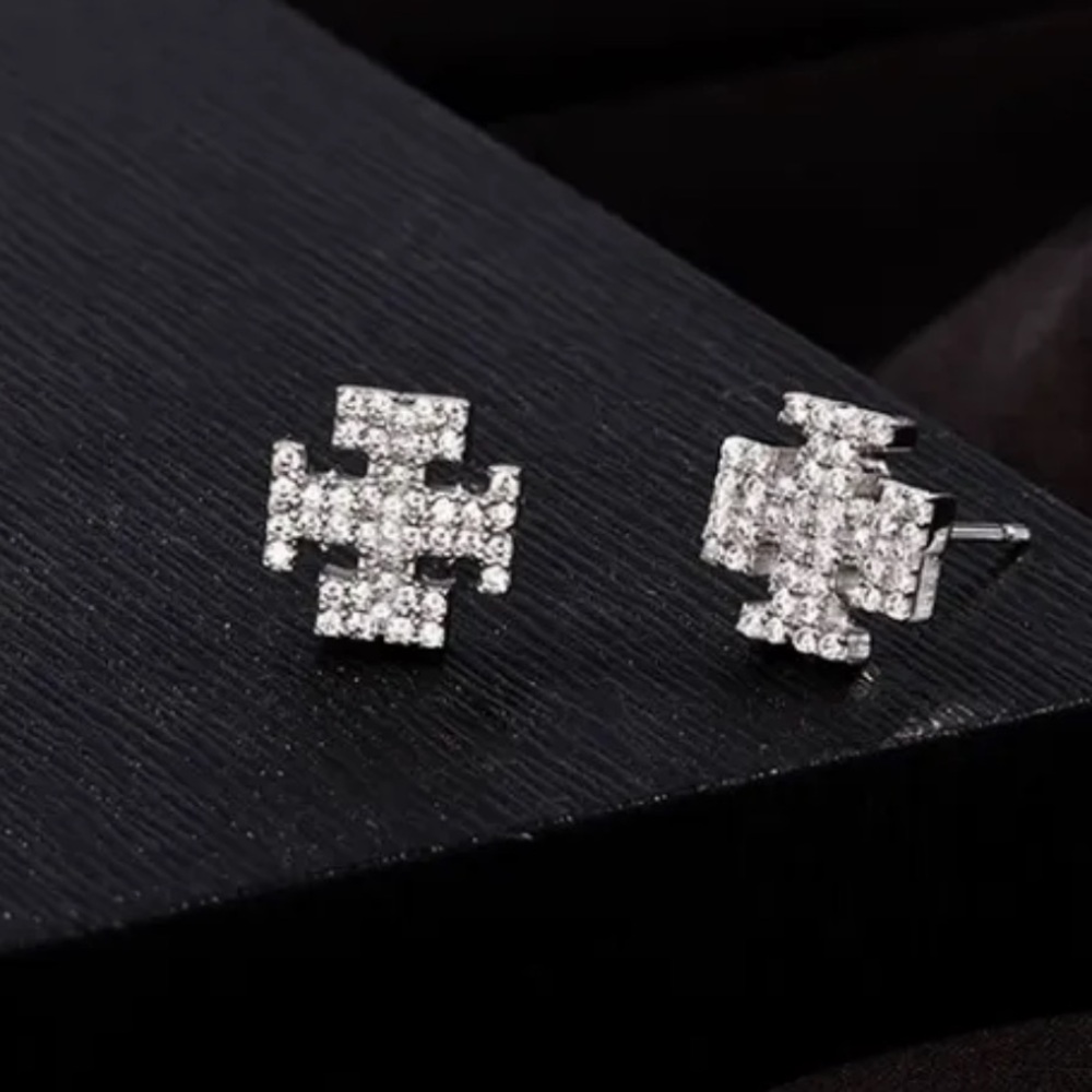 Tory Burch Silver Crystal Logo Stud Earrings